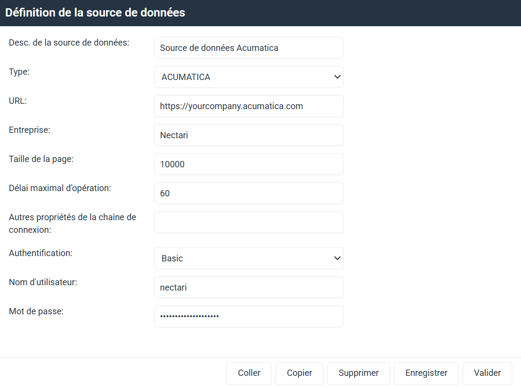 Acumatica data source configured with Basic authentication