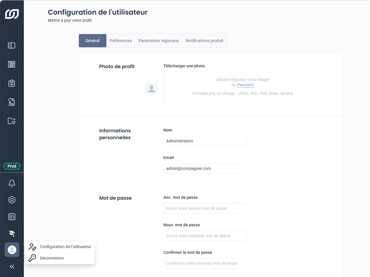 Configuration de l'utilisateur