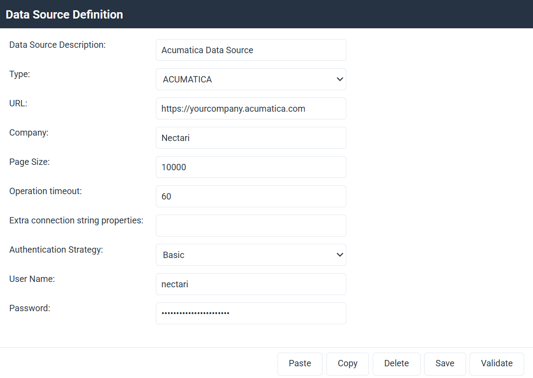 Acumatica data source configured with Basic authentication