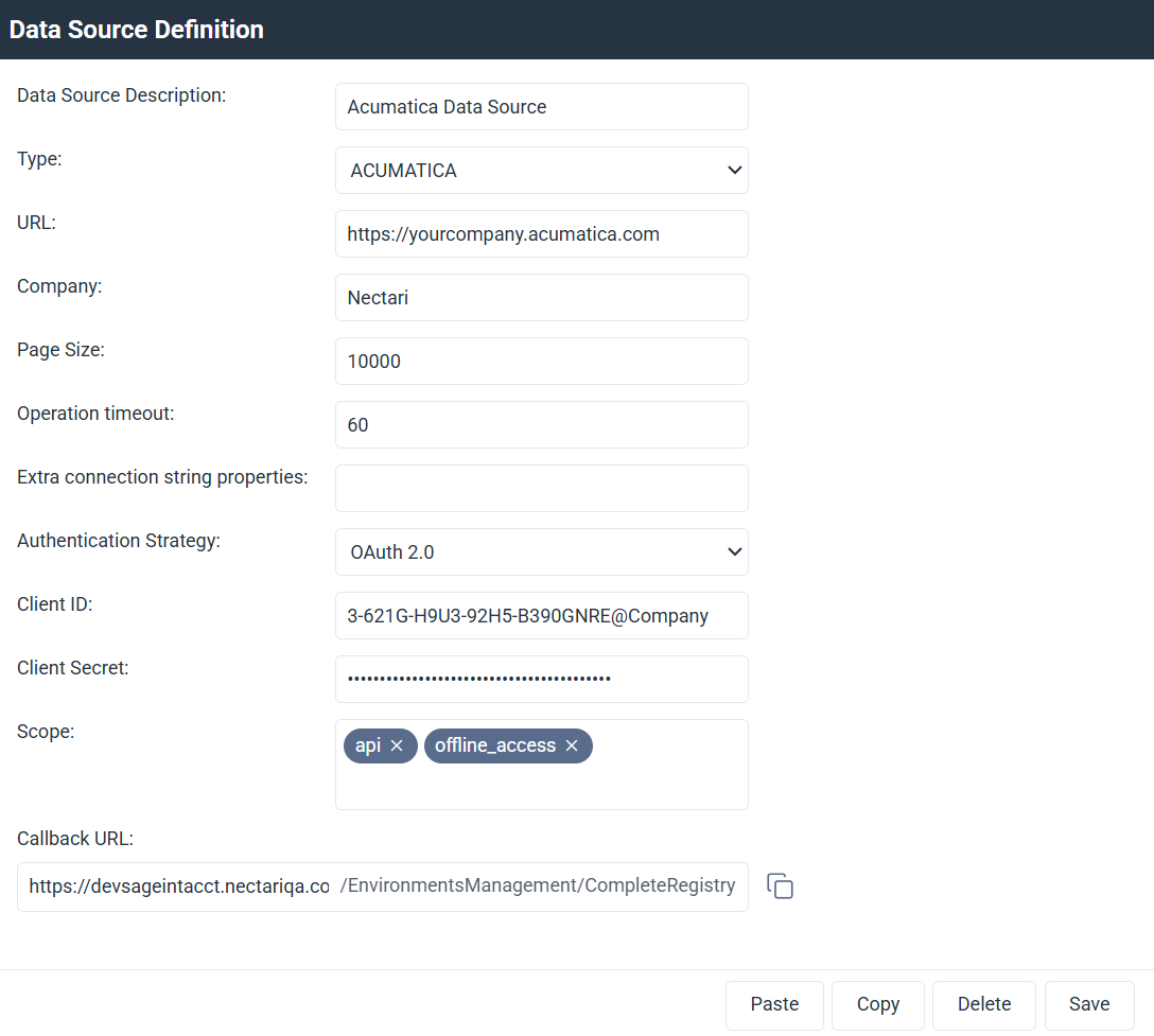 Acumatica data source configured with OAuth 2.0
